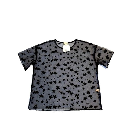 Lala Factory Black Mesh Star Top Sheer Short Sleeve Festival Goth Rave NEW