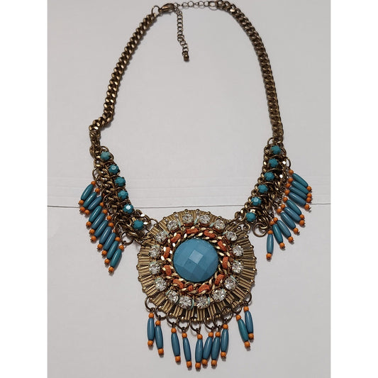 Boho Turquoise Blue Orange Beaded Statement Bib Necklace Gold Tone Rhinestone