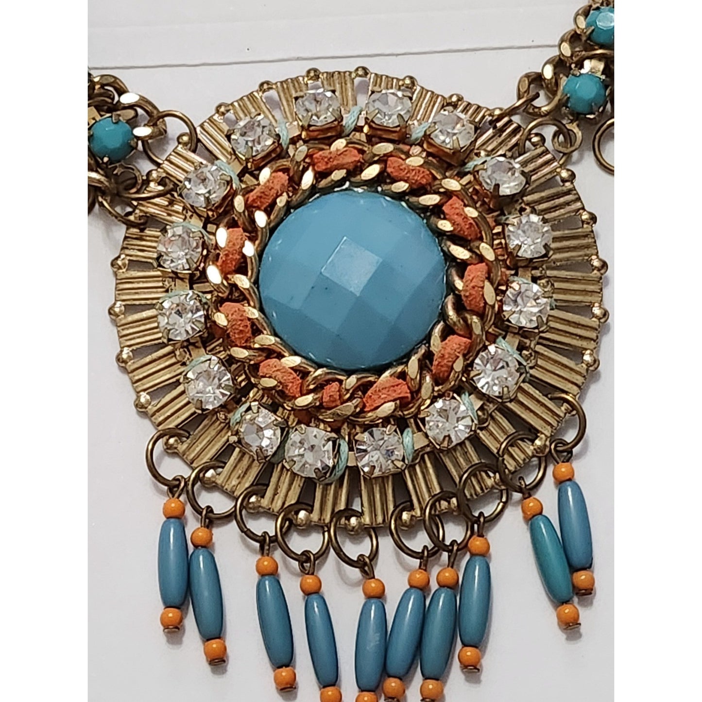 Boho Turquoise Blue Orange Beaded Statement Bib Necklace Gold Tone Rhinestone