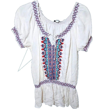 Jennifer & Grace Cream Boho-Chic Embroidered Peplum Blouse Short Sleeve Cream