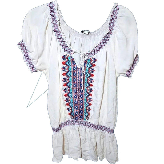 Jennifer & Grace Cream Boho-Chic Embroidered Peplum Blouse Short Sleeve Cream
