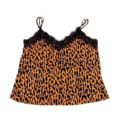 BP Nordstrom Leopard Print Satin Cami Tank Top Black Lace Trim V-Neck S