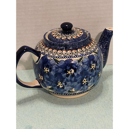 Boleslawiec Polish Pottery UNIKAT Teapot Blue Floral Hand Painted Stoneware 32oz