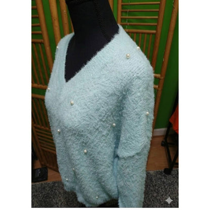 Mint Blue Fuzzy Knit V-Neck Sweater Large Pearl Embellished Dolman Pullover