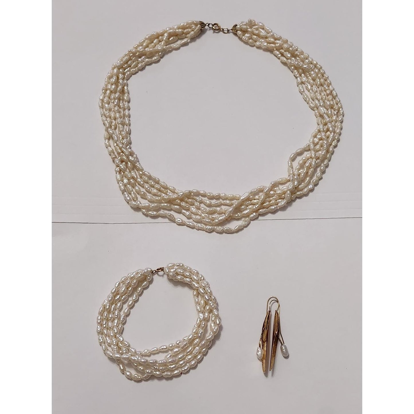14K Gold Freshwater Pearl Jewelry Set 5-Strand Necklace Bracelet Earrings White
