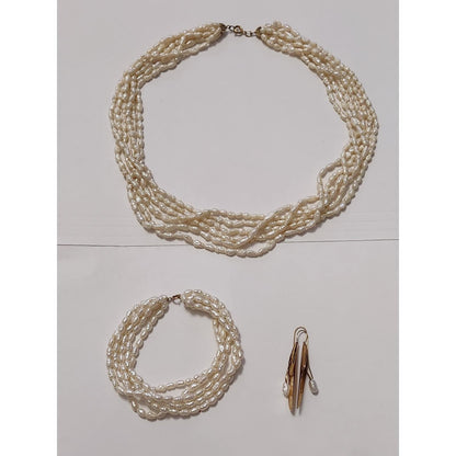14K Gold Freshwater Pearl Jewelry Set 5-Strand Necklace Bracelet Earrings White
