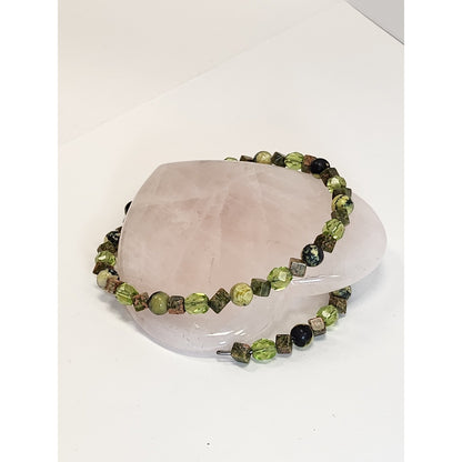 Green Stone and Faceted Glass Beaded Memory Wire Wrap Bracelet Boho Earthy
