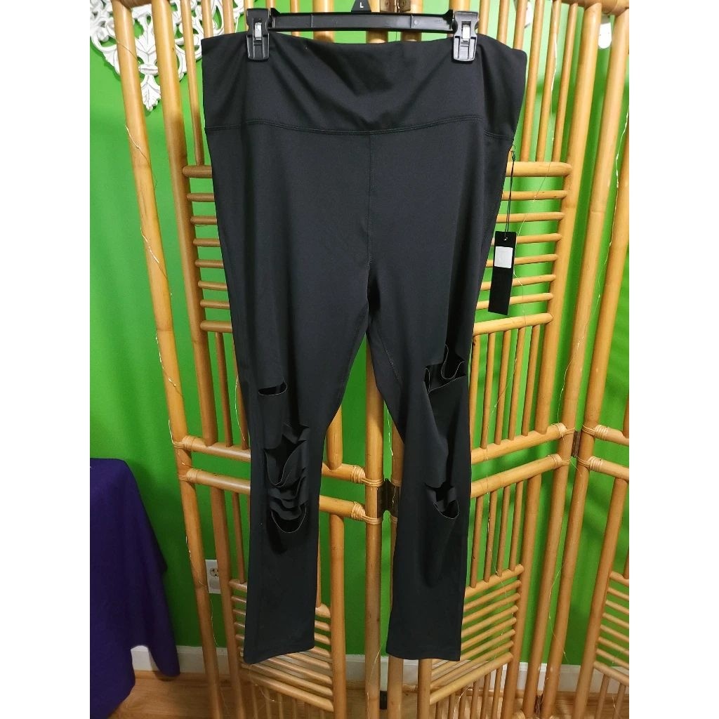 Mono B Women Black Laser Cut Leggings High Waisted Shredded Distress Yoga Pant