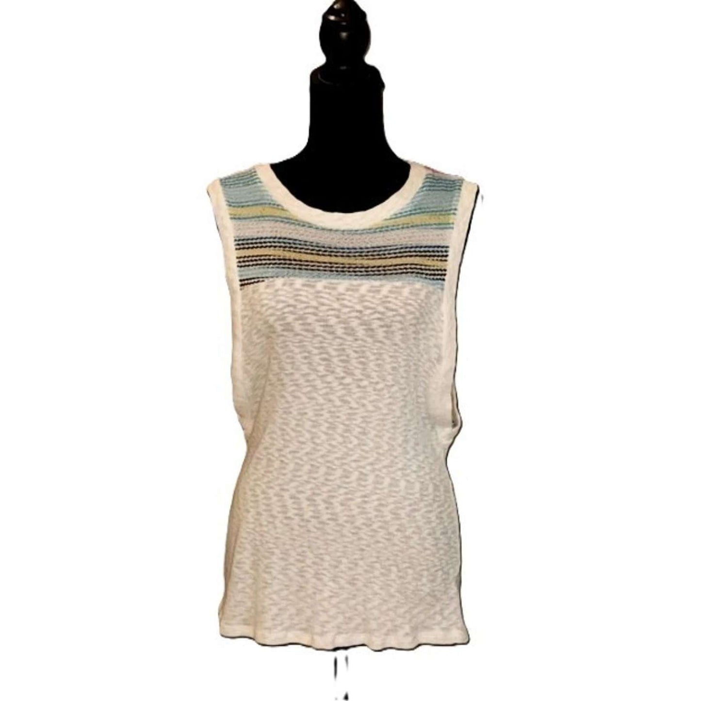 SugarFox Tank Cream Multicolor Stripe Knit Muscle Shirt Boho Festival Beach