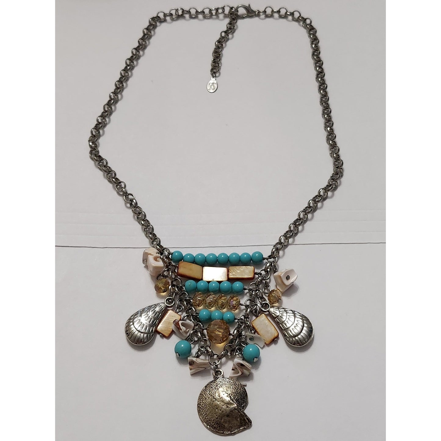 Jessica Simpson Turquoise Mother of Pearl Shell Statement Bib Necklace Silver