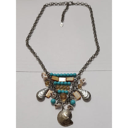 Jessica Simpson Turquoise Mother of Pearl Shell Statement Bib Necklace Silver
