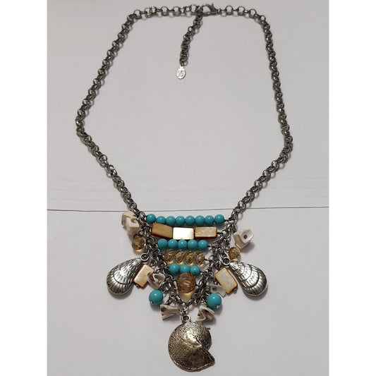 Jessica Simpson Turquoise Mother of Pearl Shell Statement Bib Necklace Silver