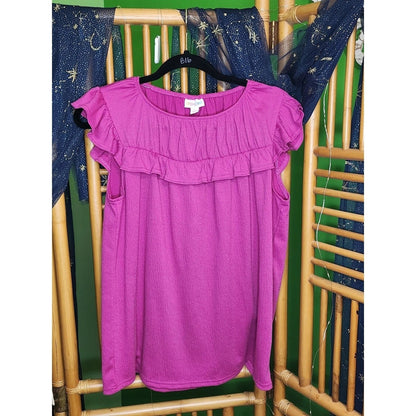 LuLaRoe Bright Pink Magenta Ruffle Chest Short Sleeve Blouse Top Womens Small