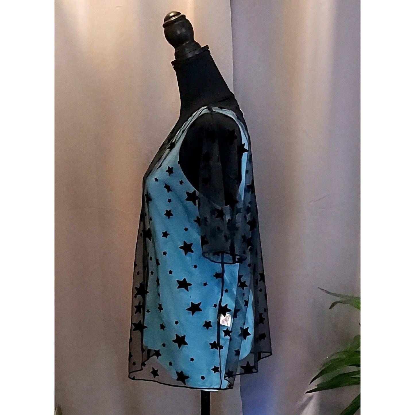 Lala Factory Black Mesh Star Top Sheer Short Sleeve Festival Goth Rave NEW