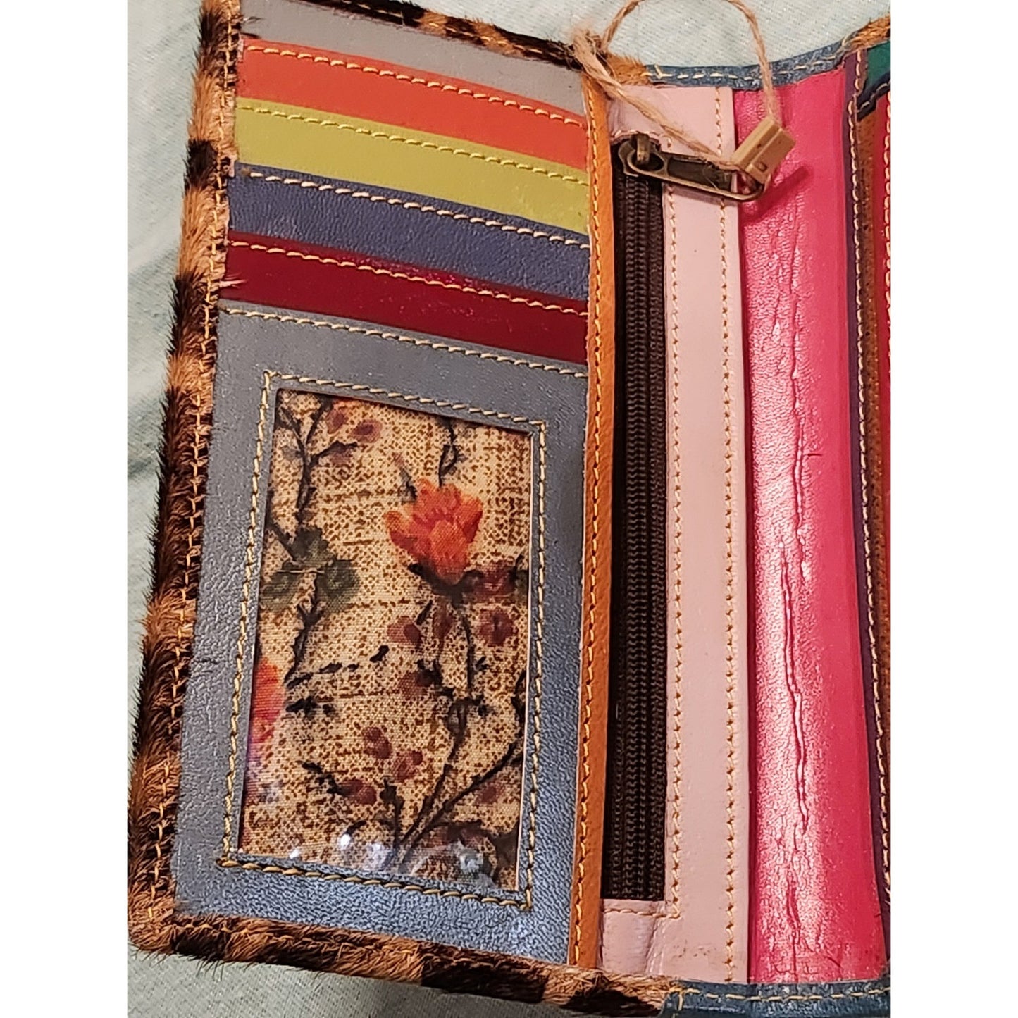 NWT Mari Giraffe Cowhide Print Wallet Teal Leather Rainbow Interior Long Clutch