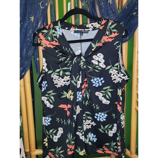 Harve Benard Black Floral Twist Knot Neck Sleeveless Blouse Women's Size XL
