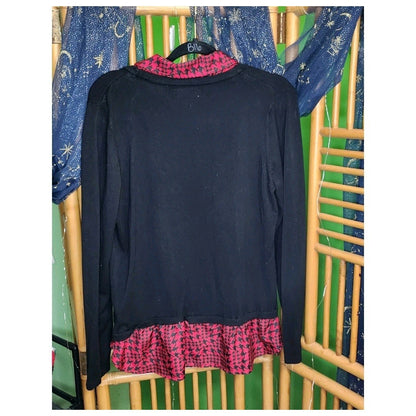 Faded Glory Womens XL Black Knit Sweater Faux Red Houndstooth Collar Layered Top