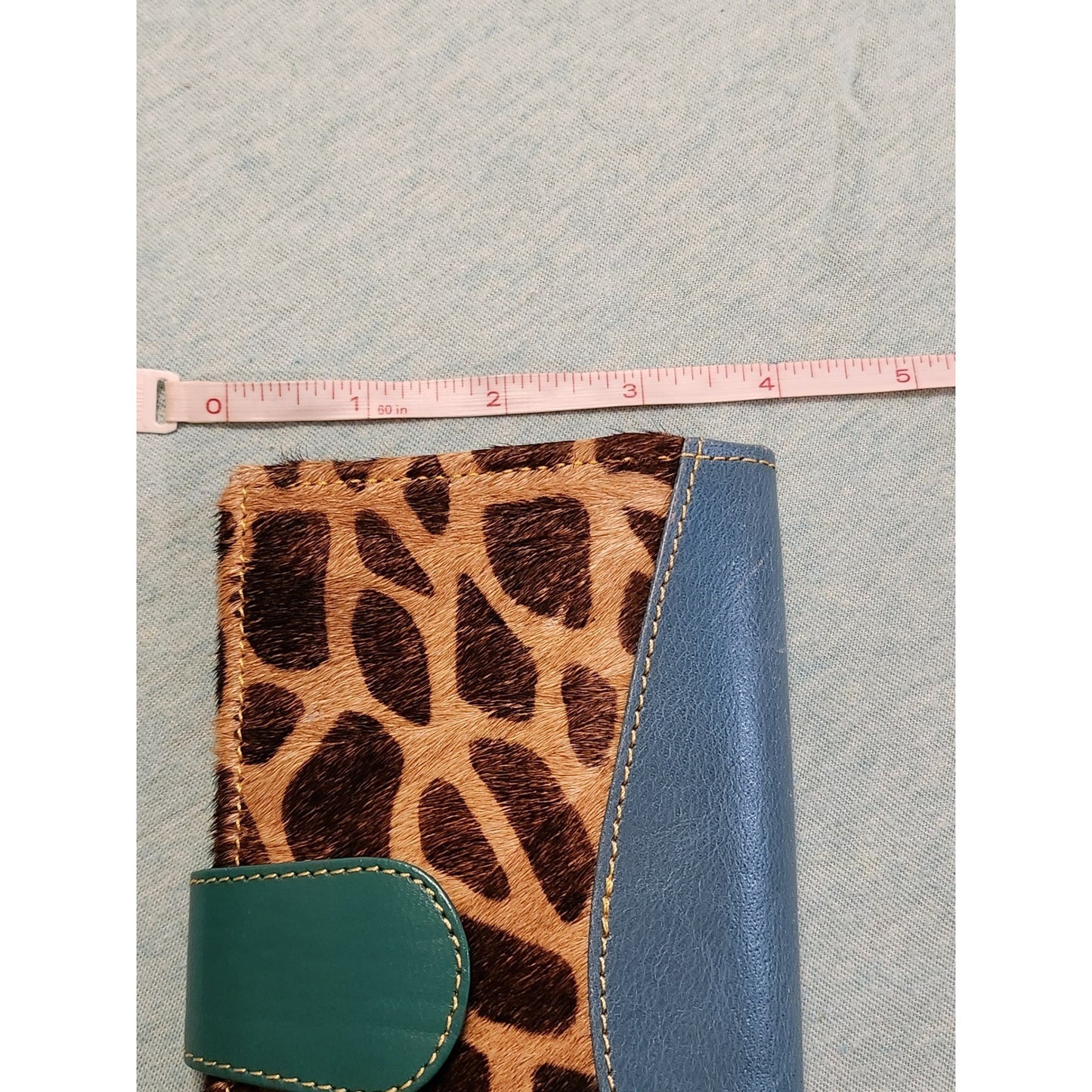 NWT Mari Giraffe Cowhide Print Wallet Teal Leather Rainbow Interior Long Clutch
