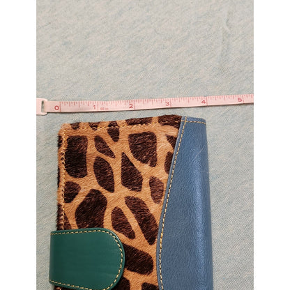 NWT Mari Giraffe Cowhide Print Wallet Teal Leather Rainbow Interior Long Clutch