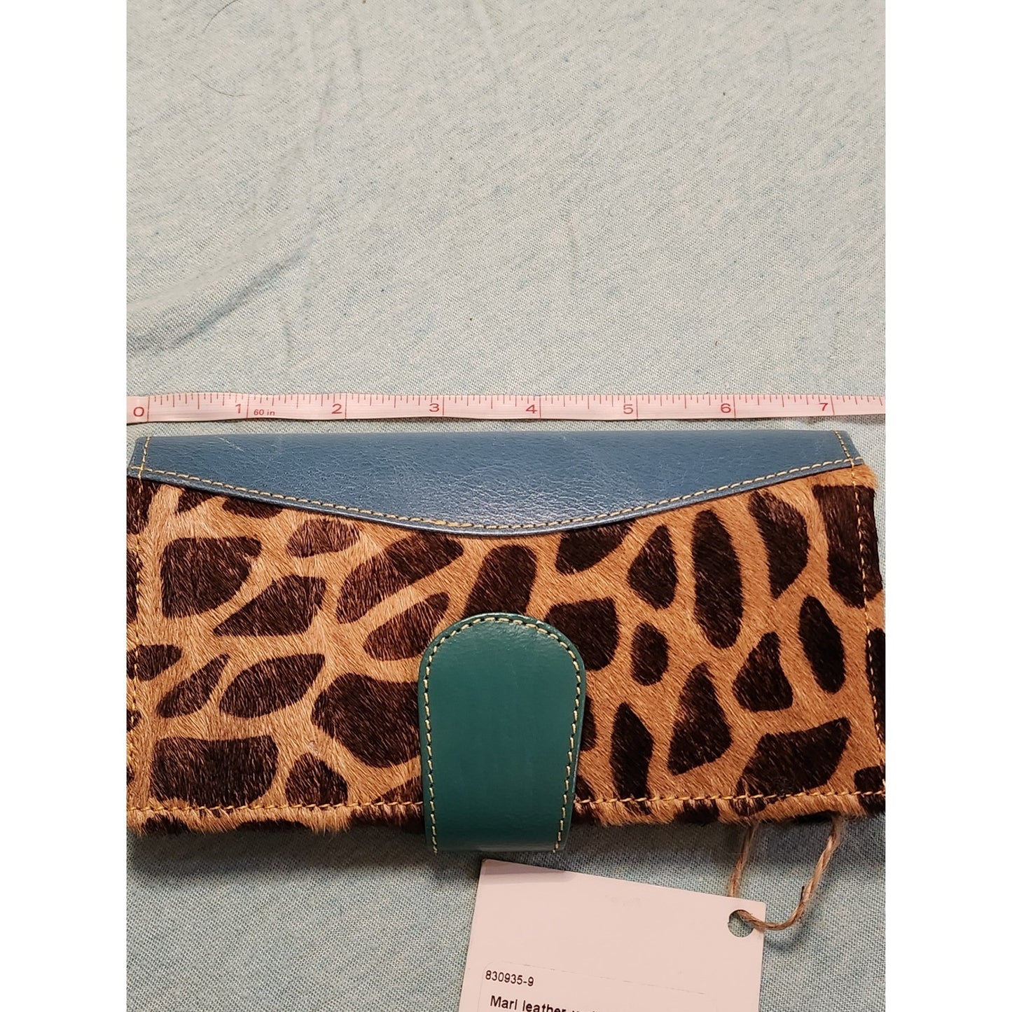 NWT Mari Giraffe Cowhide Print Wallet Teal Leather Rainbow Interior Long Clutch