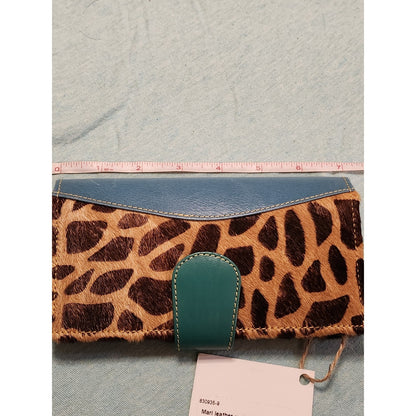 NWT Mari Giraffe Cowhide Print Wallet Teal Leather Rainbow Interior Long Clutch