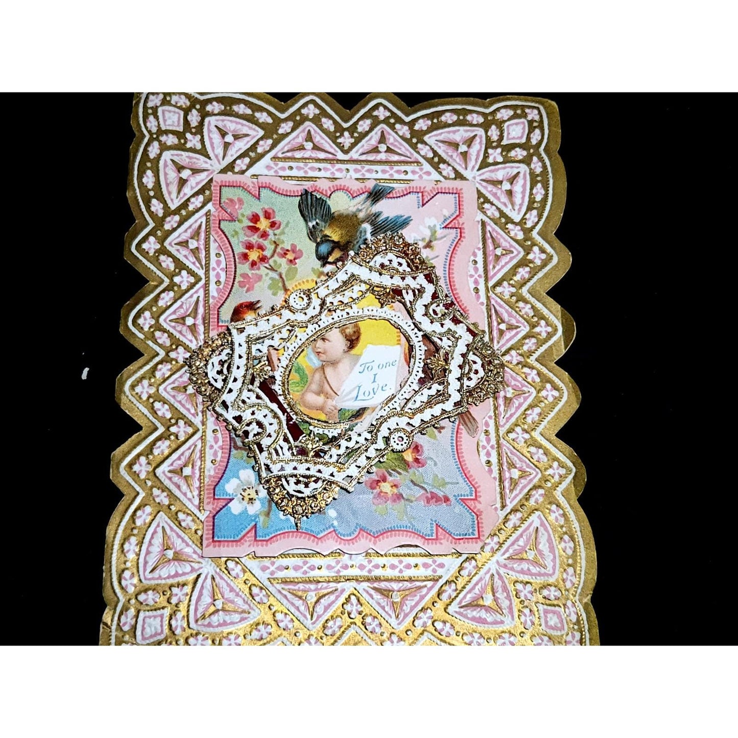 Antique Victorian Valentine Card Die Cut Lace Cherub Bird Gilded Ephemera Poem