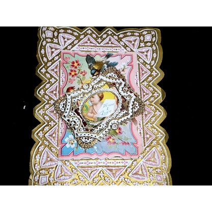 Antique Victorian Valentine Card Die Cut Lace Cherub Bird Gilded Ephemera Poem