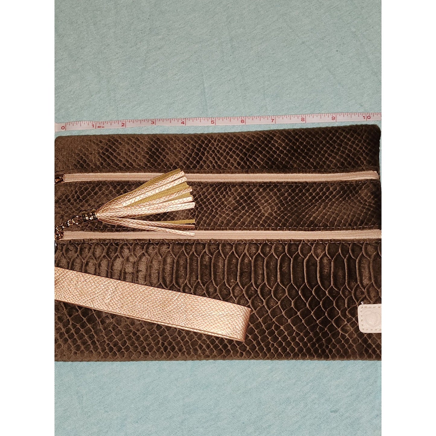 NWT Peachy Keen The Versi Bag Brown Snakeskin Velvet Clutch Wristlet Rose Gold