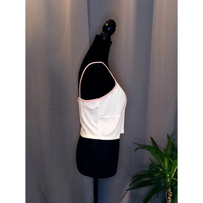 White Cropped Cami Top with Pink Contrast Trim Surplice V-Neck Sleeveless