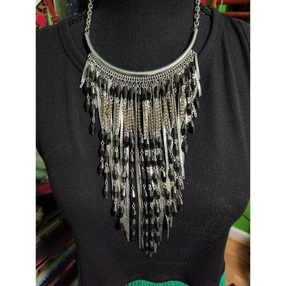 Charming Charlie Silver Black Beaded Tassel Fringe Statement Bib Necklace Boho