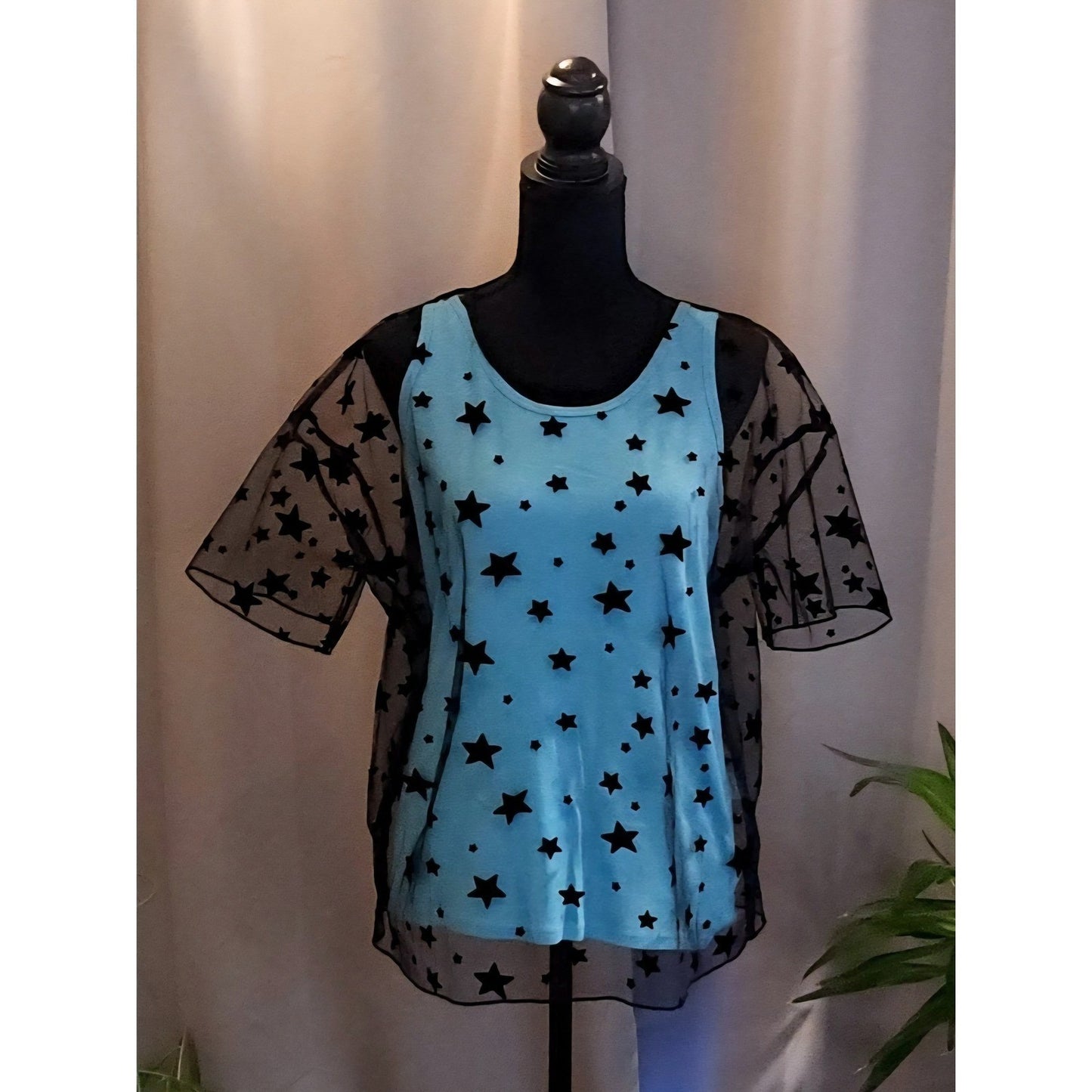 Lala Factory Black Mesh Star Top Sheer Short Sleeve Festival Goth Rave NEW