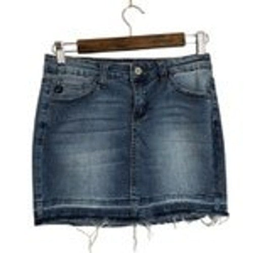 Kancan Womens Blue Denim Mini Skirt Wash Frayed Raw Hem New