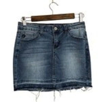 Kancan Womens Blue Denim Mini Skirt Wash Frayed Raw Hem New