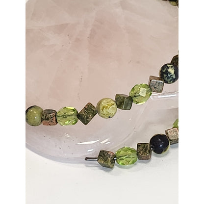 Green Stone and Faceted Glass Beaded Memory Wire Wrap Bracelet Boho Earthy