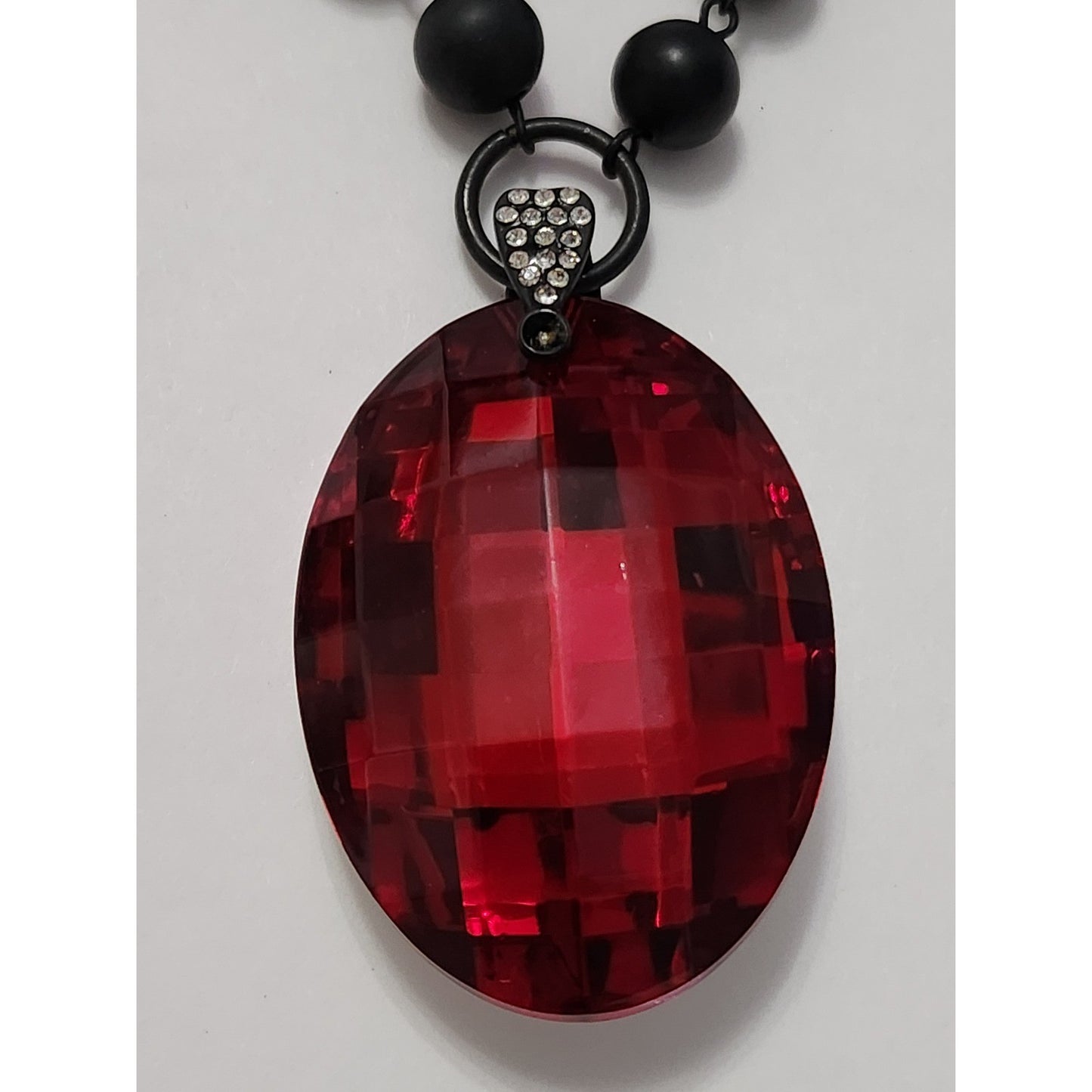 Gothic Multi Strand Black Chain Matte Bead Necklace Large Red Faceted Pendant