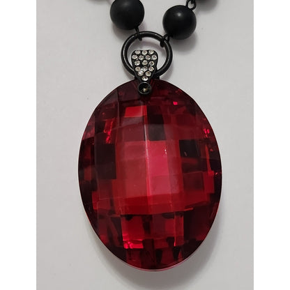 Gothic Multi Strand Black Chain Matte Bead Necklace Large Red Faceted Pendant