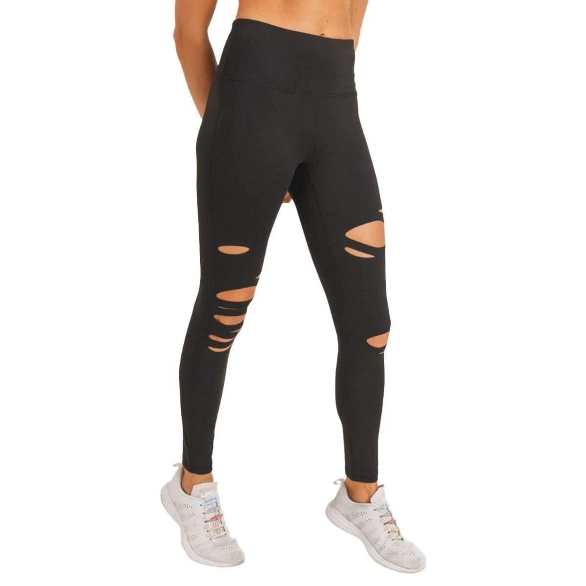 Mono B Women Black Laser Cut Leggings High Waisted Shredded Distress Yoga Pant