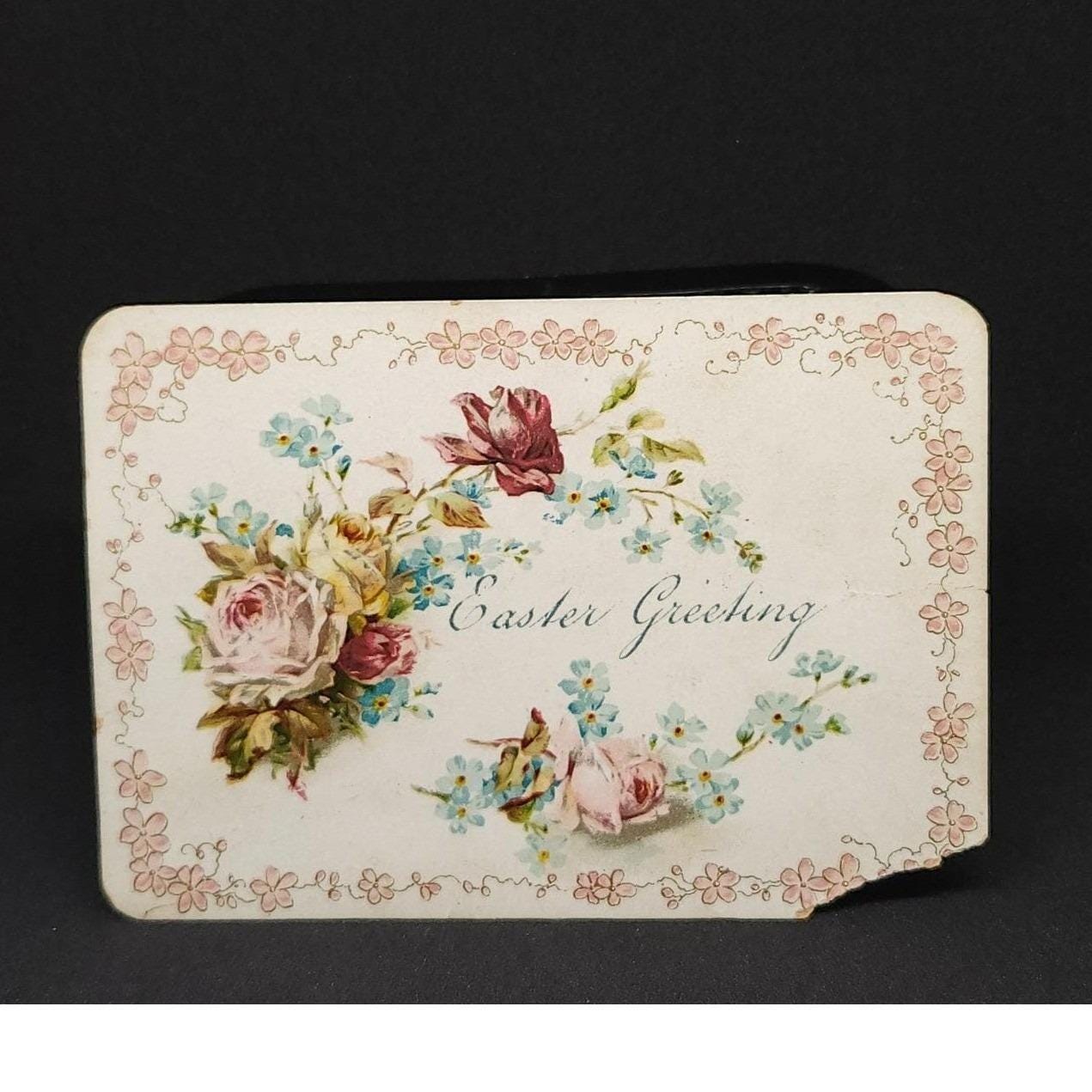 Antique Victorian Easter Greeting Postcard Floral Roses Forget-Me-Nots Litho
