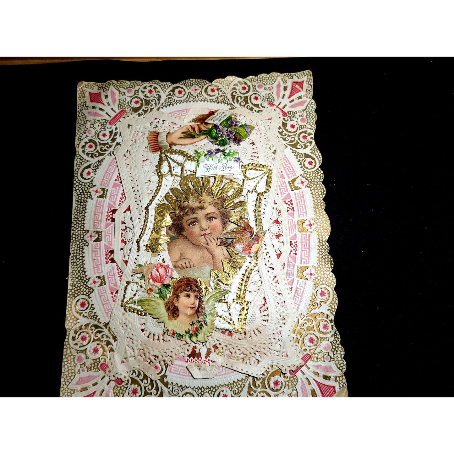Antique Victorian Valentine Card Paper Lace Cherub Angel 3D Embossed Ephemera