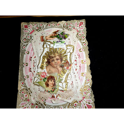 Antique Victorian Valentine Card Paper Lace Cherub Angel 3D Embossed Ephemera