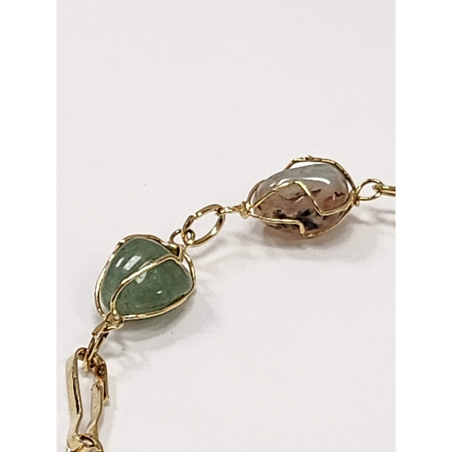 Handmade Wire Wrapped Tumble Gemstone Link Bracelet Gold Tone Boho Natural Stone