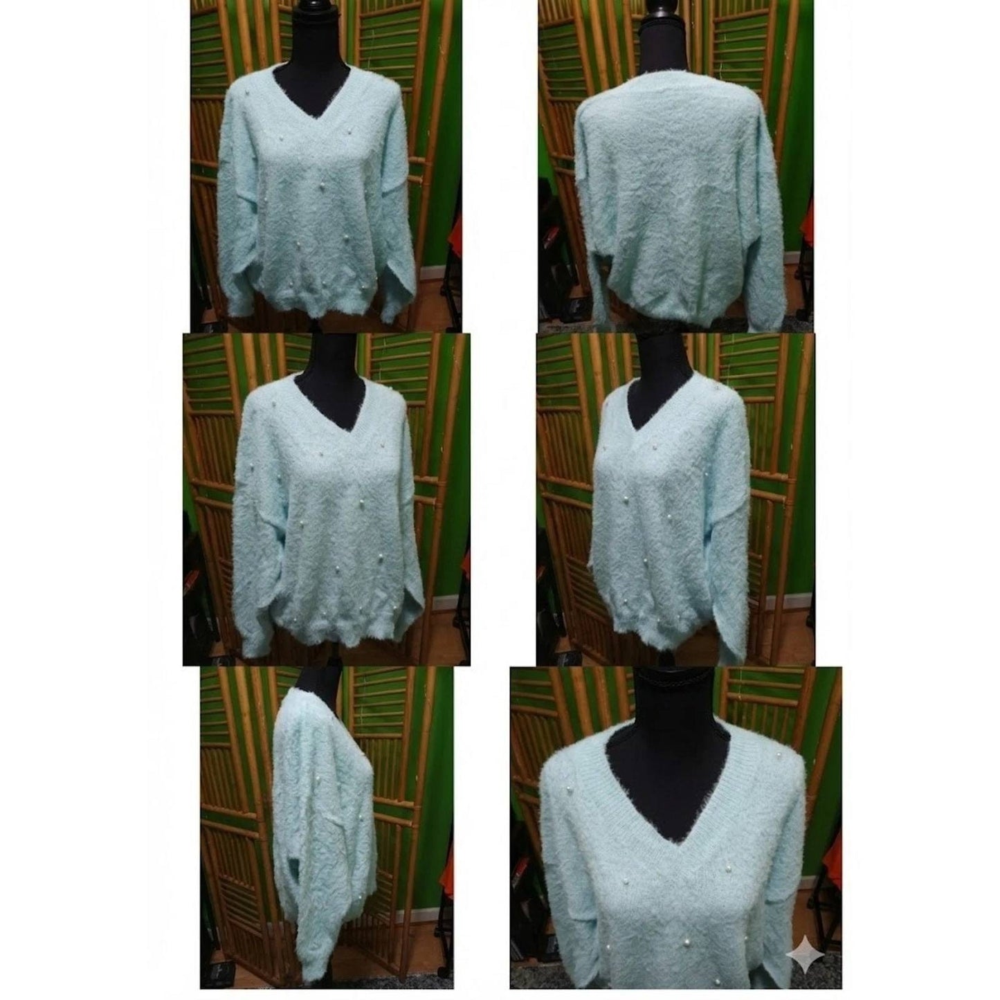 Mint Blue Fuzzy Knit V-Neck Sweater Large Pearl Embellished Dolman Pullover