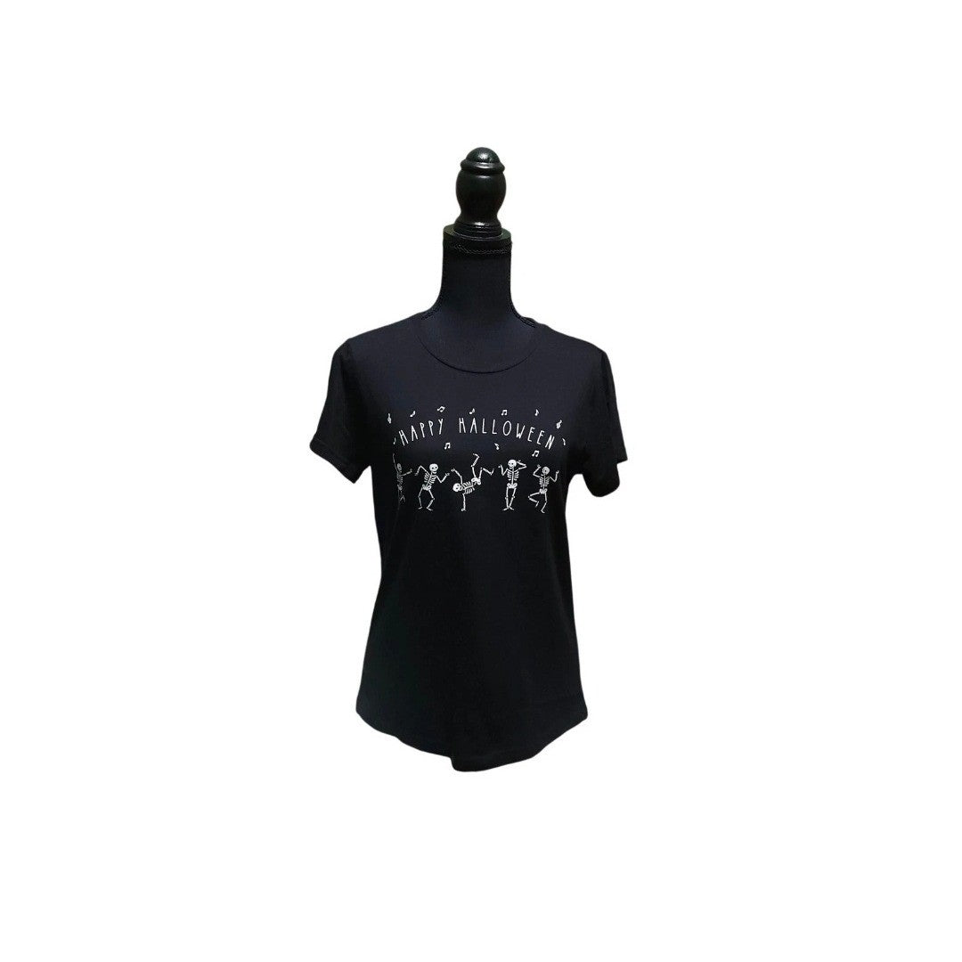 Happy Halloween Dancing Skeletons Black Graphic T Shirt Women Small Short Sleeve