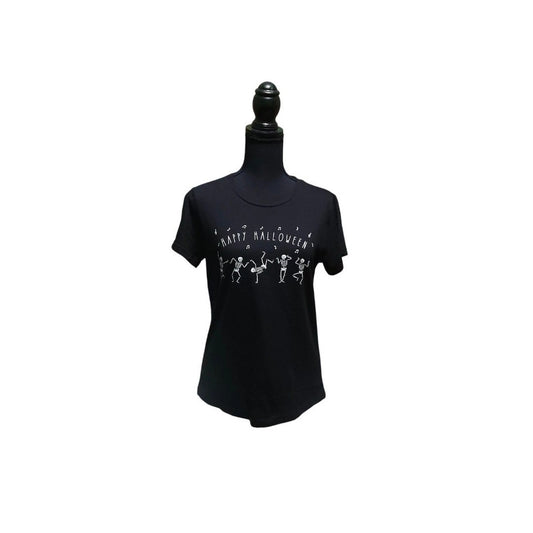 Happy Halloween Dancing Skeletons Black Graphic T Shirt Women Small Short Sleeve