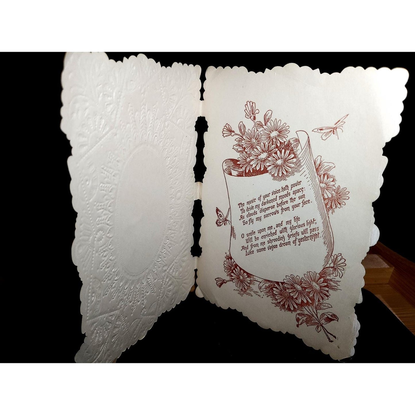Antique Victorian Die Cut Greeting Card Embossed Gold Couple Romantic Poetry