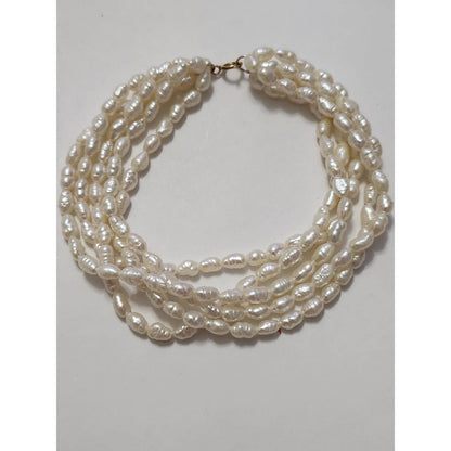 14K Gold Freshwater Pearl Jewelry Set 5-Strand Necklace Bracelet Earrings White