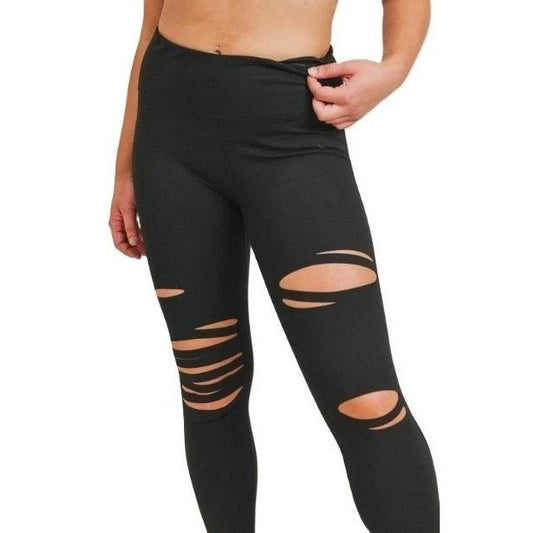 Mono B Women Black Laser Cut Leggings High Waisted Shredded Distress Yoga Pant