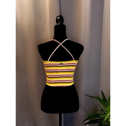RVCA Womens Striped Ribbed Knit Crop Top Halter High Neck Multi Color