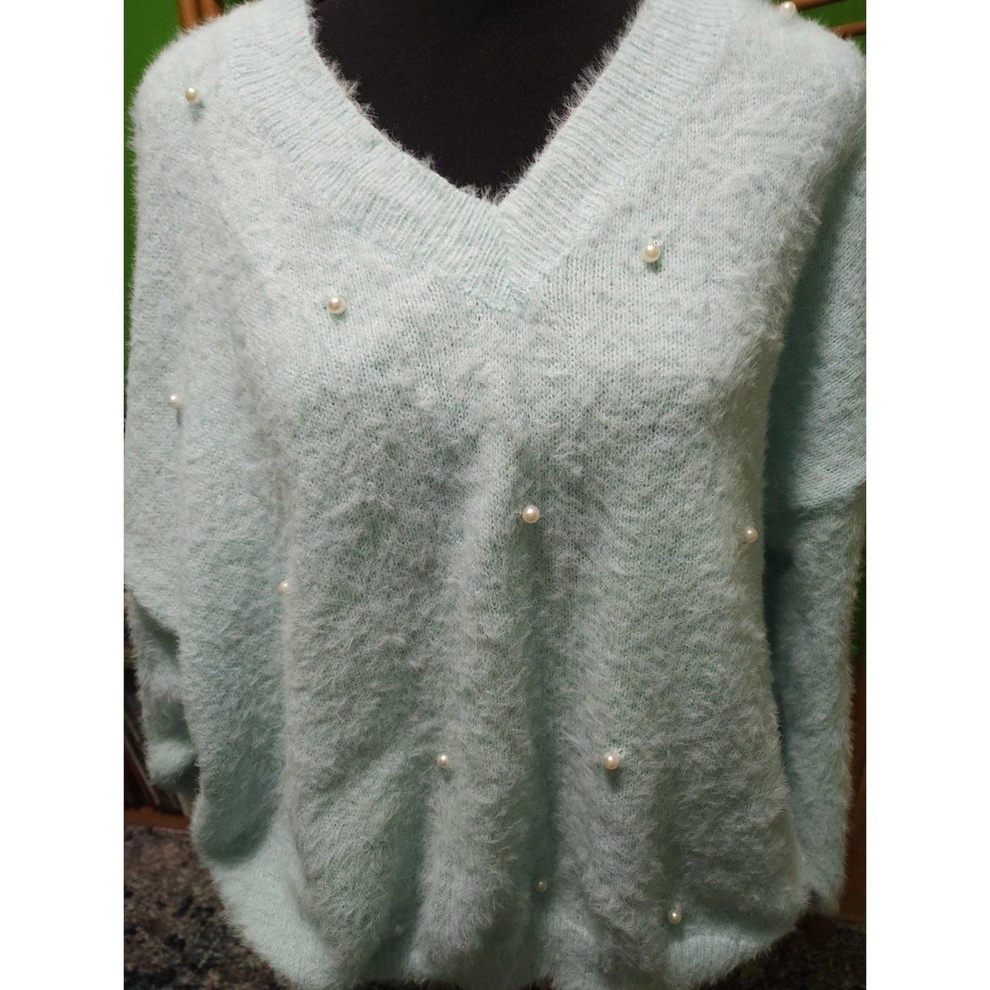 Mint Blue Fuzzy Knit V-Neck Sweater Large Pearl Embellished Dolman Pullover