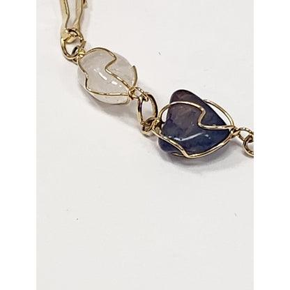 Handmade Wire Wrapped Tumble Gemstone Link Bracelet Gold Tone Boho Natural Stone